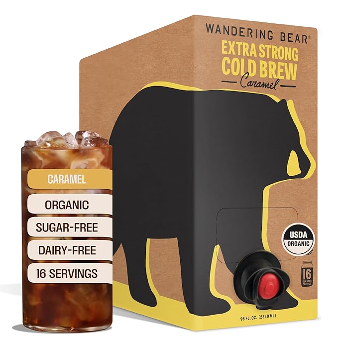 Wandering Bear Organic Caramel Cold Brew Coffee On Tap Iced Coffee Drink - Extra Strong Bold Smooth No Sugar Added Shelf-Stable Ready to DrinkGluten Free &amp Vegan -16 Servings of 6fl.oz -96f