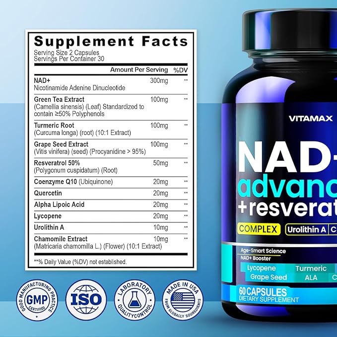 Liposomal NAD+ Supplement Extra Strength | Urolithin A Resveratrol CoQ10 - Women &amp Men - ALA Green Tea Quercetin Lycopene | High Purity Energy &amp Regeneration - Made in USA – 60ct