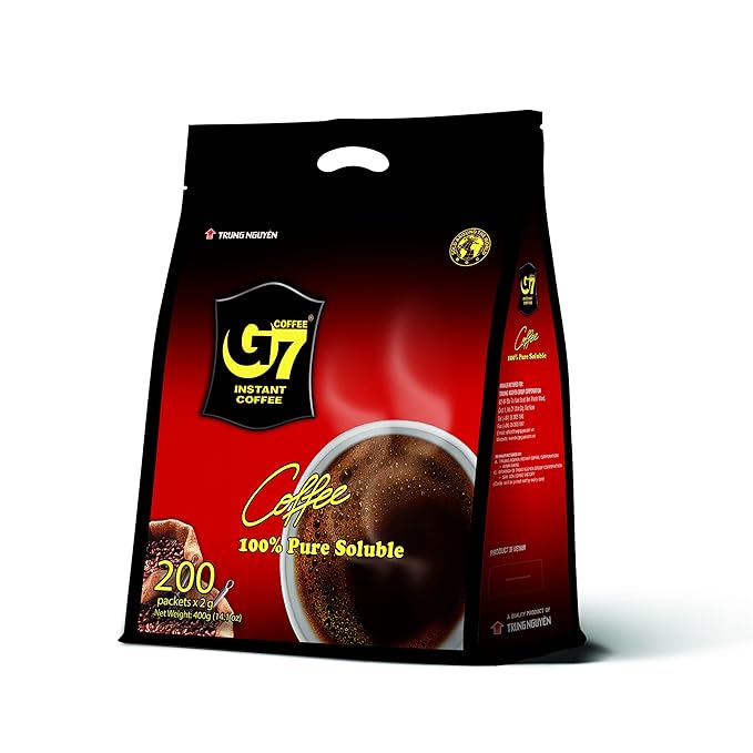 TRUNG NGUYEN G7 PURE BLACK Instant Coffee for Energy Boost - 100% Soluble Coffee Without Sugar - Strong Pure &amp Rich Vietnamese Instant Energy - Original Taste for Connoiseurs (200 Sachets/Bag)