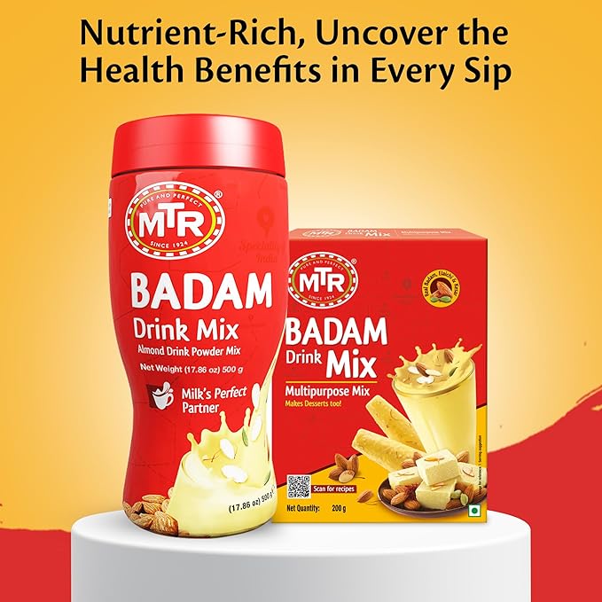 MTR Badam Drink Mix – 500g Pack of 6 Multi-purpose Drink Mix Premium Almond Drink Mix made with select quality Almonds Saffron &amp Cardamom Authentic Indian Flavor Quick &amp Easy to Prepare