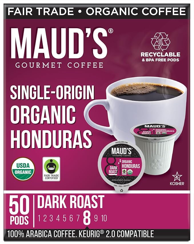 Maud's Organic Honduran Coffee Pods 50 ct Single Origin Honduran Dark Roast Coffee in Single Serve Pods – 100% Arabica Coffee Compatible with Keurig K Cups Maker