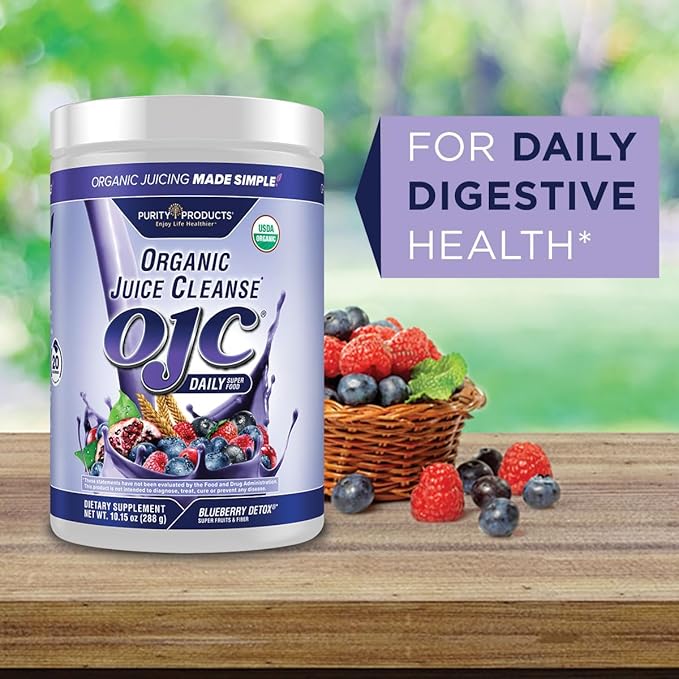 Purity Products OJC Blueberry Detox - Certified Organic Juice Cleanse Bloat + Gas Relief- Ft. OptiBiome Probiotics Organic Super Fruits + 4 Grams Organic Psyllium Fiber - Vegan - 30 Day Supply