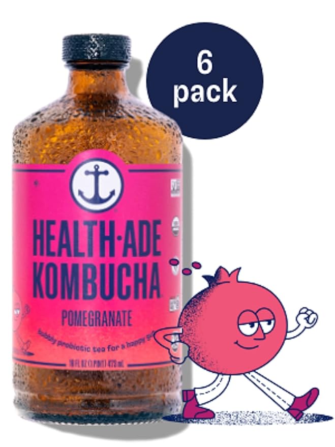 Health-Ade Kombucha Tea Organic Drink Fermented Tea with Living Probiotics Detoxifying Acids Supports Gut Health Non-GMO Vegan Gluten Free 6 Pack (16 Fl Oz Bottles) Pomegranate