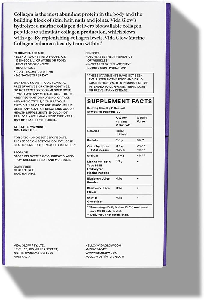Vida Glow Marine Collagen Powder - Anti Aging Supplement with Collagen Peptides Promotes Glowing Skin Strong Nails Healthy Hair | 30 Servings Original Flavor (One Size Blueberry)