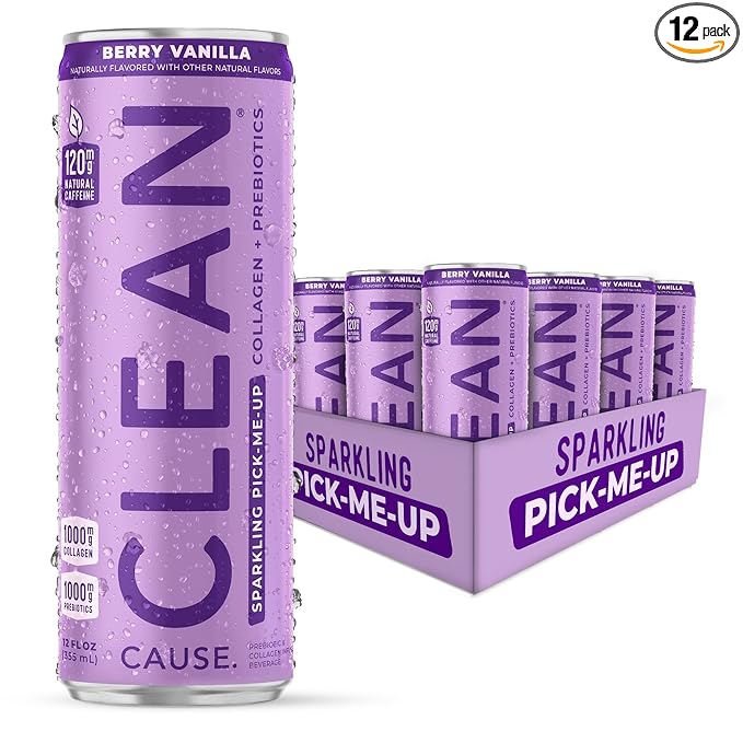 CLEAN Cause Berry Vanilla Sparkling Pick-Me-Up with Prebiotics &amp Collagen Peptides (12oz cans 12-Pack Case) Low Sugar 120mg Caffeine Healthy Alternative to Soda &amp Energy Drinks.