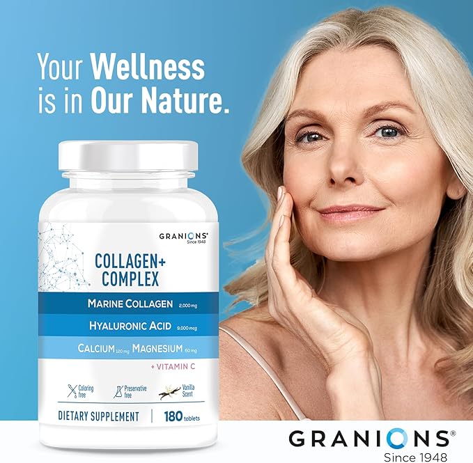 Granions Marine Collagen Pills – 2000mg Hydrolyzed Marine Collagen Peptides Hyaluronic Acid Vitamin C Calcium Magnesium – Skin Hair Nails Pro Aging Hyaluronic Acid Supplements – 180 Tablets