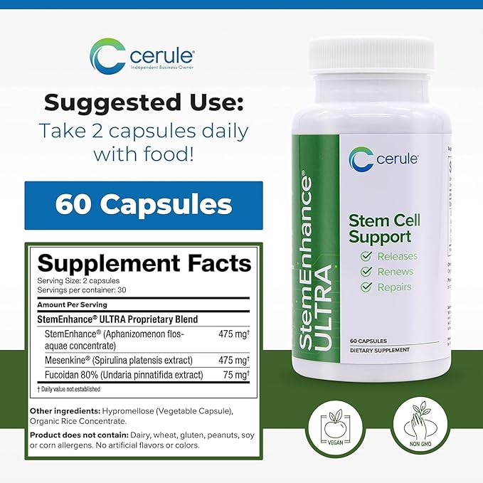 Cerule StemEnhance Ultra 2 Pack –Natural Stem Cell Support Supplement for Cellular Renewal Immune Function Energy and Recovery–Freshwater Microalgae &amp Marine Macroalgae Extracts– 120 Capsules T