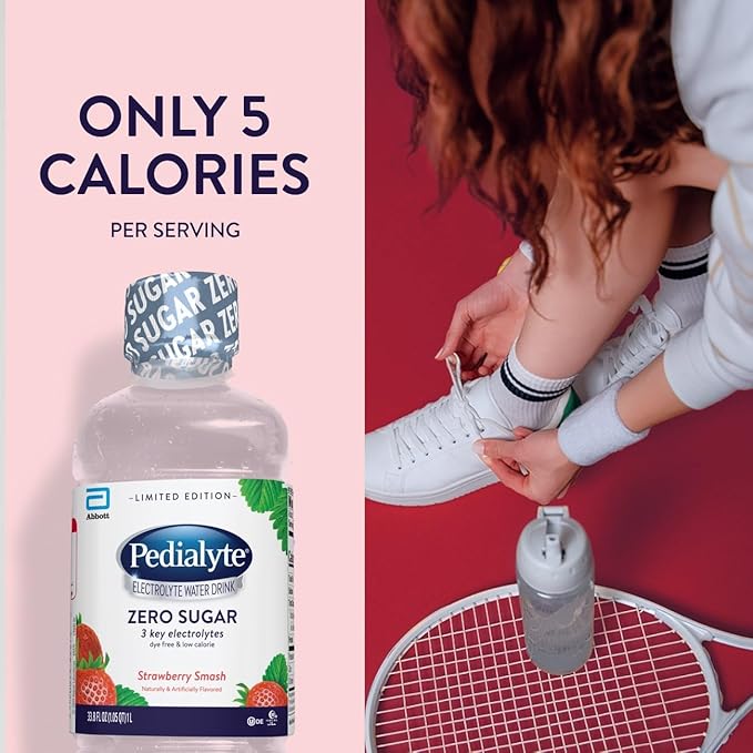 Pedialyte Electrolyte Water With Zero Sugar | Hydration With Key Electrolytes | Hydration Low in Calories | Strawberry Smash 1 Liter Pack of 4