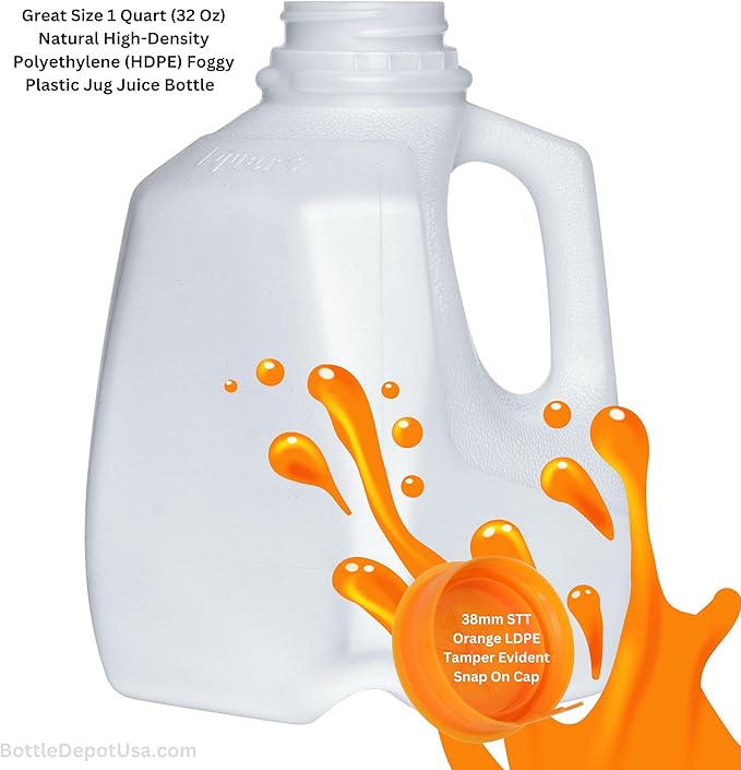 FIJIAN MADE 32 Oz Plastic Jugs (6 PACK) 1-Quart / 32-Ounce Bottles with Orange Snap On Caps – Great for Homemade Juices Milk Smoothies Tea and Other Beverages - Food Grade BPA Free