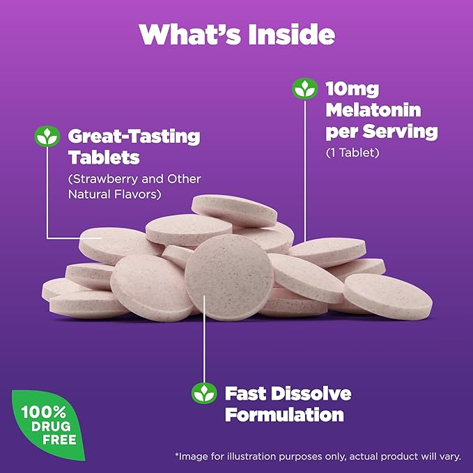 Natrol Melatonin 10mg 200 Tablets &amp 5mg 200 Tablets Strawberry-Flavored Fast-Dissolve Sleep Support Dietary Supplement Bundle