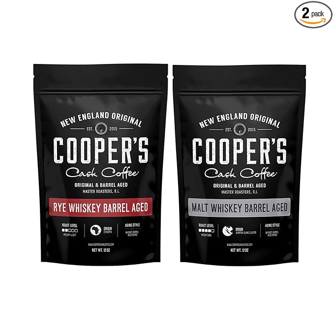 Single Origin Sumatra Coffee Beans Aged in Stout Whiskey Barrels - Ground Coffee - 12 oz and Ethiopian Coffee Raw Beans Aged in Rye Whiskey Barrels - Ground Coffee - 12 oz