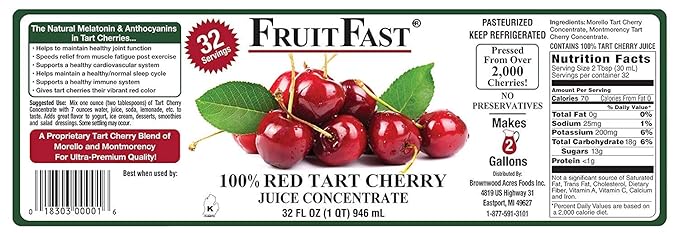 Tart Cherry Juice Concentrate by FruitFast – (32 FL Oz Pack of 6) | Unsweetened 68 Brix 100% Dark Fruit Extract – No Additives or Fillers!