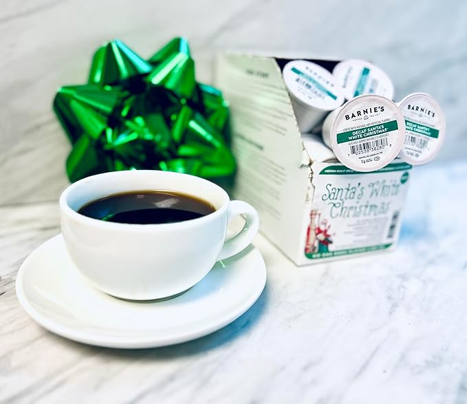 BARNIE'S COFFEE TEA CO. Single Serve K cups for Keurig Brewers Medium Roast Arabica Coffe Beans Decaf Santa's White Christmas 22 Count