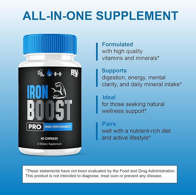 Iron Boost Pro Premium Supplement Capsules Iron Boost Advanced Health Supplement Pills Iron Boost Premium Daily Advanced Health Support and Overall Wellness Formula by Blue Vibe (60 Capsules)