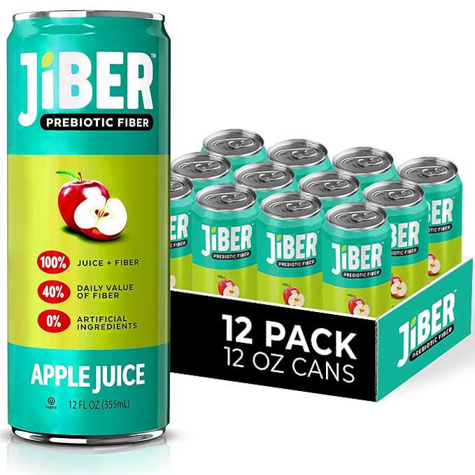 JIBER High Fiber Apple Juice Drink - No Sugar Added - 12 fl oz Apple Juice Cans with 40% Daily Fiber - Prebiotic Drink- Healthy Drinks for Kids - Juice for Teens Adults &amp Seniors (12 Pack)