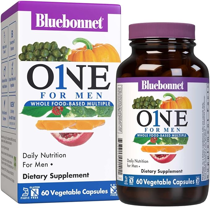Bluebonnet Nutrition Men’s One Vegetable Capsule Whole Food Multiple K2 Organic Energy Vitality Non-GMO Gluten Soy &amp Milk Free Kosher 3 Month Supply 90 Count