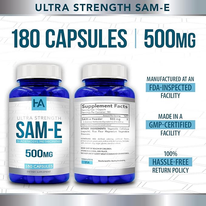 High Strength 500mg SAM E Supplement | S-Adenosyl Methionine SAMe Supplement for Bone Joint &amp Mood Support for Men and Women | Vegan Non-GMO &amp Made in US cGMP Labs (180 Veggie Capsules)
