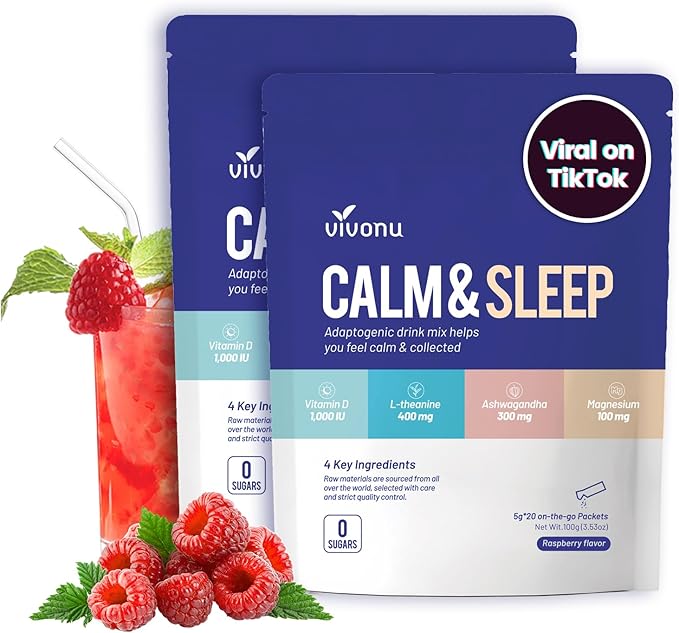 VivoNu Calm &amp Sleep Powdered Drink Mix Raspberry L Theanine Ksm-66 Ashwagandha Magnesium Glycinate Vitamin D 3 Supplements for Relaxation &amp Focus No Sugar Non GMO