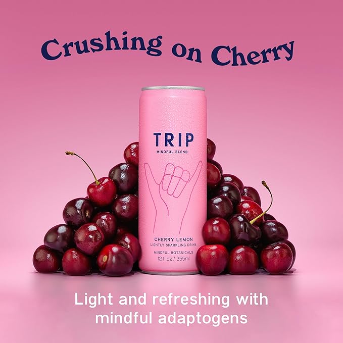 TRIP Lightly Sparkling Adaptogen Drink Non Alcoholic Drink with Magnesium Ashwagandha Lions Mane &amp L Theanine No Added Sugar Mocktail Vegan Cherry Lemon 12 Oz 12Pk