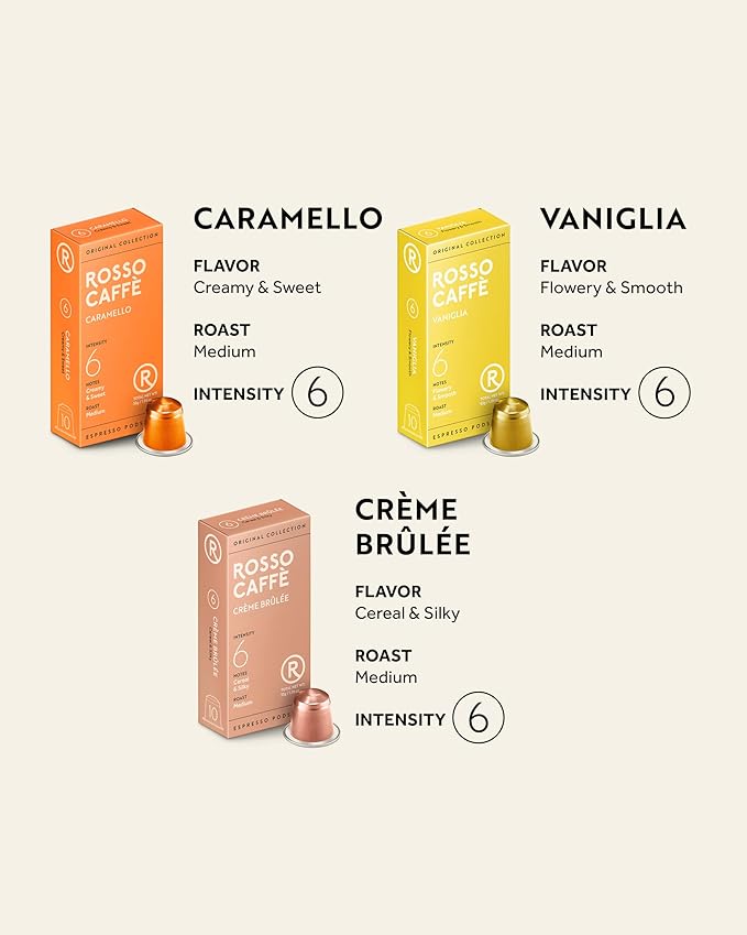 ROSSO CAFFÈ 120 Espresso Coffee Pods for Nespresso Original Machines - Value Pack of Premium Flavored Capsules 3 Rich and Balanced Desert Coffees (Vanilla Crème Brulee Caramel)