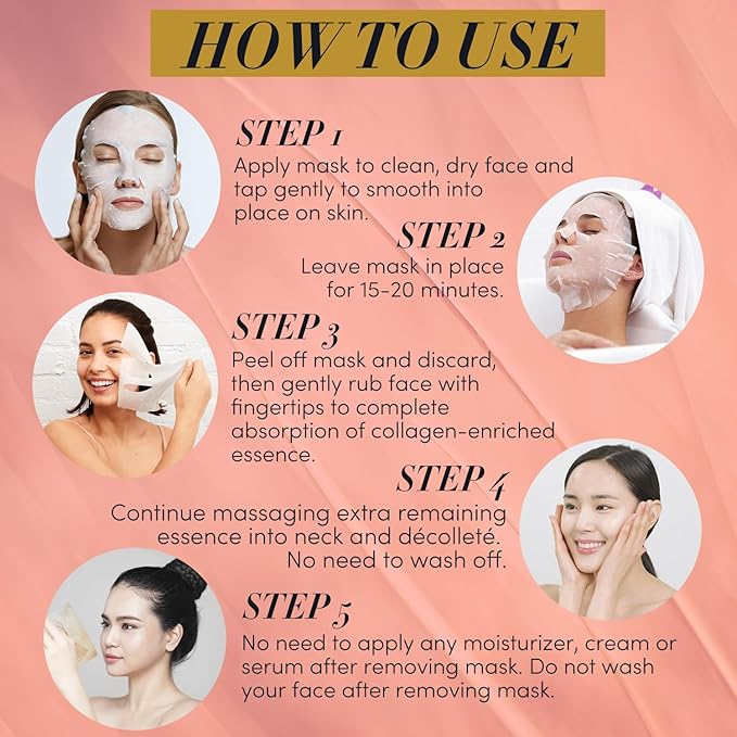 TAUT Collagen Face Mask – 5 Sheet Pack with Hyaluronic Acid Marine Collagen &amp Vitamin C – Hydrating Anti-Aging Sheet Mask for Firm Glowing Skin – Korean Skincare Inspired