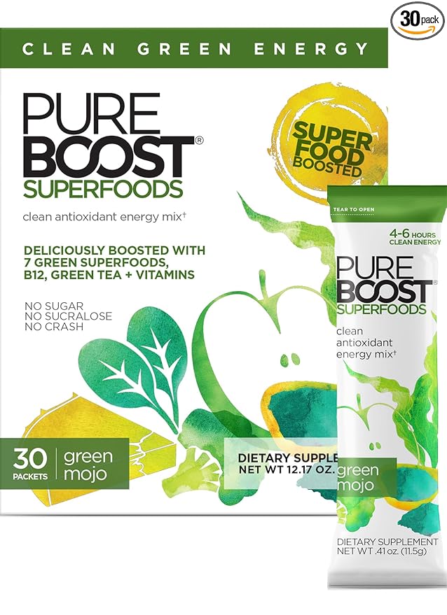 Pureboost Superfoods Clean Energy Booster Energy Drink Mix Powder with 7 Organic Green Superfoods Spirulina Kale Broccoli and Vitamins Green Apple Pineapple Mango (Green Mojo 30 Count)