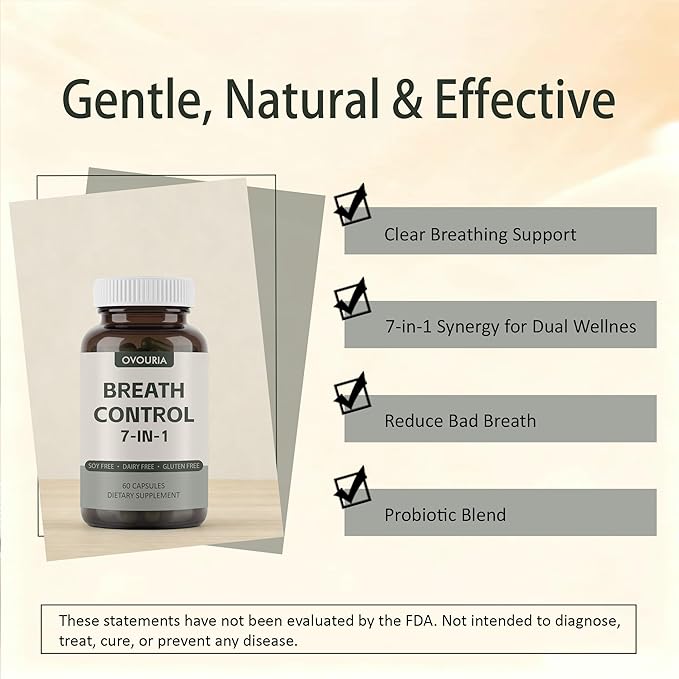 ovouria Breath &amp Gut Balance Capsules - 7-in-1 Formula with Probiotics Zinc Gluconate &amp Magnesium Citrate for Fresh Breath Chronic Halitosis Relief &amp Digestive Wellness 60 Count(1pc)
