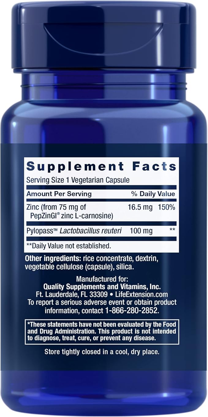 Life Extension Gastro-Ease™ zinc L-carnosine Pylopass™ Lactobacillus reuteri probiotics Digestion Supplement Gut Health Stomach Comfort Gluten-Free Non-GMO Vegetarian 60 Capsules