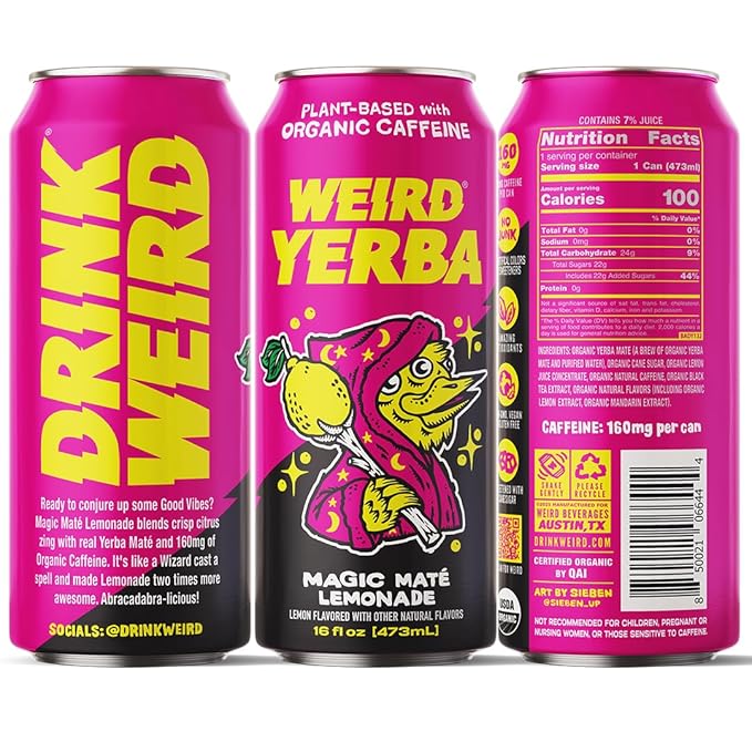 Drink Weird Organic Magic Mate Lemonade Yerba Mate – 16oz Cans 160mg Organic Caffeine (Pack of 12) A Refreshing Energy Drink Alternative