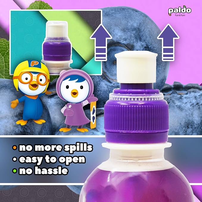 Paldo Fun &amp Yum Pororo Kids Blueberry Flavor Drink Pack of 8 Fruit Juice Drinks with Comfortable Push-Pull Sports Cap Perfect Drink for Children 7.95 fl oz. x 8