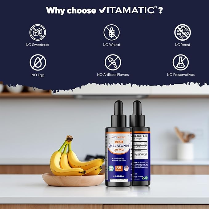 Vitamatic 4-Pack Melatonin 20mg Liquid Drops - 2 fl oz (59 ml) Each - Natural Berry Flavor - Non-GMO Vegetarian Supplement for Adults