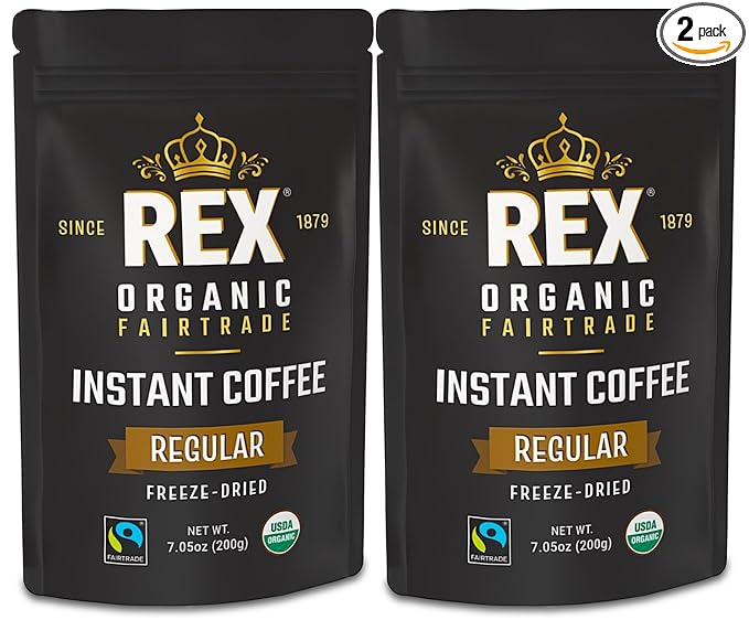 Rex Organic Fairtrade Freeze-Dried Instant Coffee – Medium Roast Arabica 7.05 oz (Pack of 2) Resealable Pouch Bags – USDA Organic &amp Fairtrade Certified Lab Tested for Mold &amp Mycotoxins