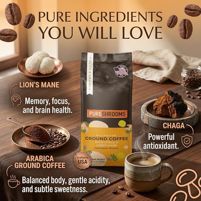 PureShrooms Focus &amp Create Mushroom Coffee – Ground Arabica Blend with Organic Lion's Mane &amp Chaga for Enhanced Focus Memory and Immune Support – 340g