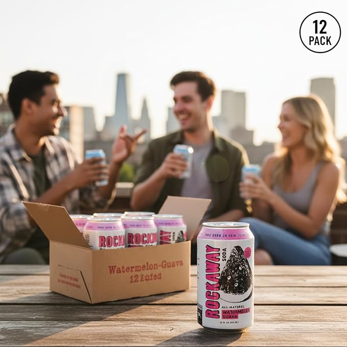 ROCKAWAY Watermelon Guava Soda Drinks - Low calorie drinks made from Real Fruit Juice All Natural - Soda Pop Drinks Gluten Free Vegan GMO Free - 12oz (12 Pack)