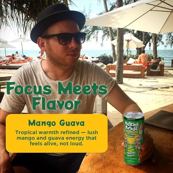 Melting Forest Mushroom Energy Drink L-Theanine Cordyceps &amp Lion's Mane 150mg of Caffeine Energy &amp Focus Cognitive Function &amp Mental Clarity Mango Guava (12 Pack)
