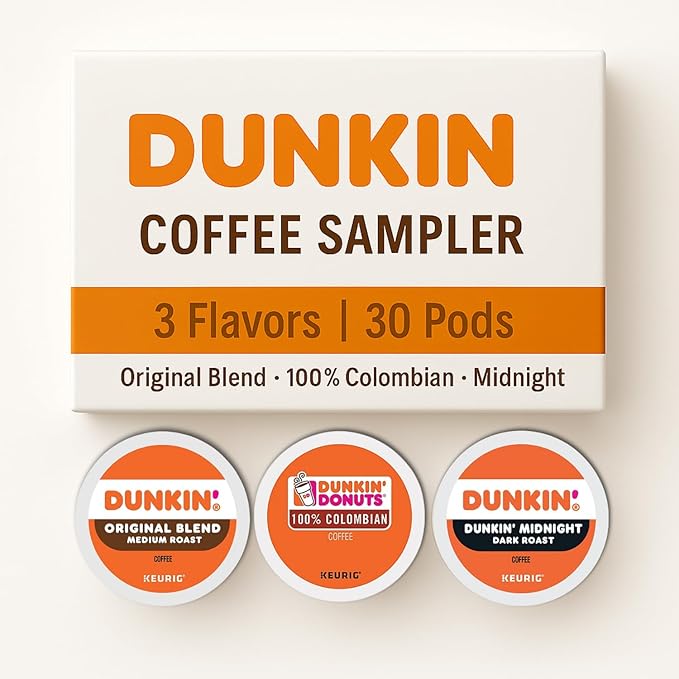 Dunkin K-Cups Coffee Variety Box - Original Blend 100% Colombian Midnight Dark Roast 30 Count with Recipe eBook