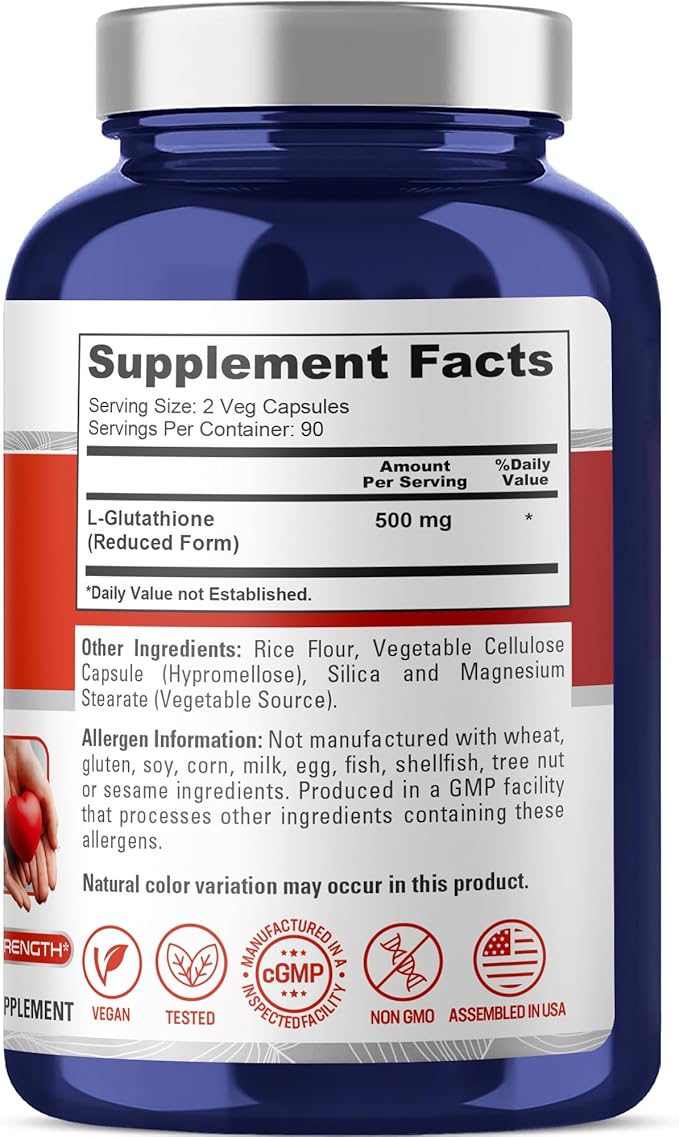 NusaPure Reduced Glutathione 500mg 180 Veggie Capsules (VeganNon-GMO) L-Glutathione
