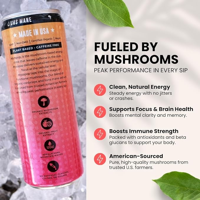 Mycopop Functional Mushroom Energy Drink Caffeine-Free 25 Calories with Lions Mane &amp Cordyceps Hibiscus Ginger Lemon Flavor 12 fl oz