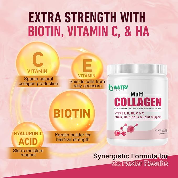 Multi Collagen Peptides Powder - Type I II III V X with Vitamin C E &amp Hyaluronic Acid Hair Skin Nail Support | Unflavored Non-GMO Easy Mix - 45 Servings