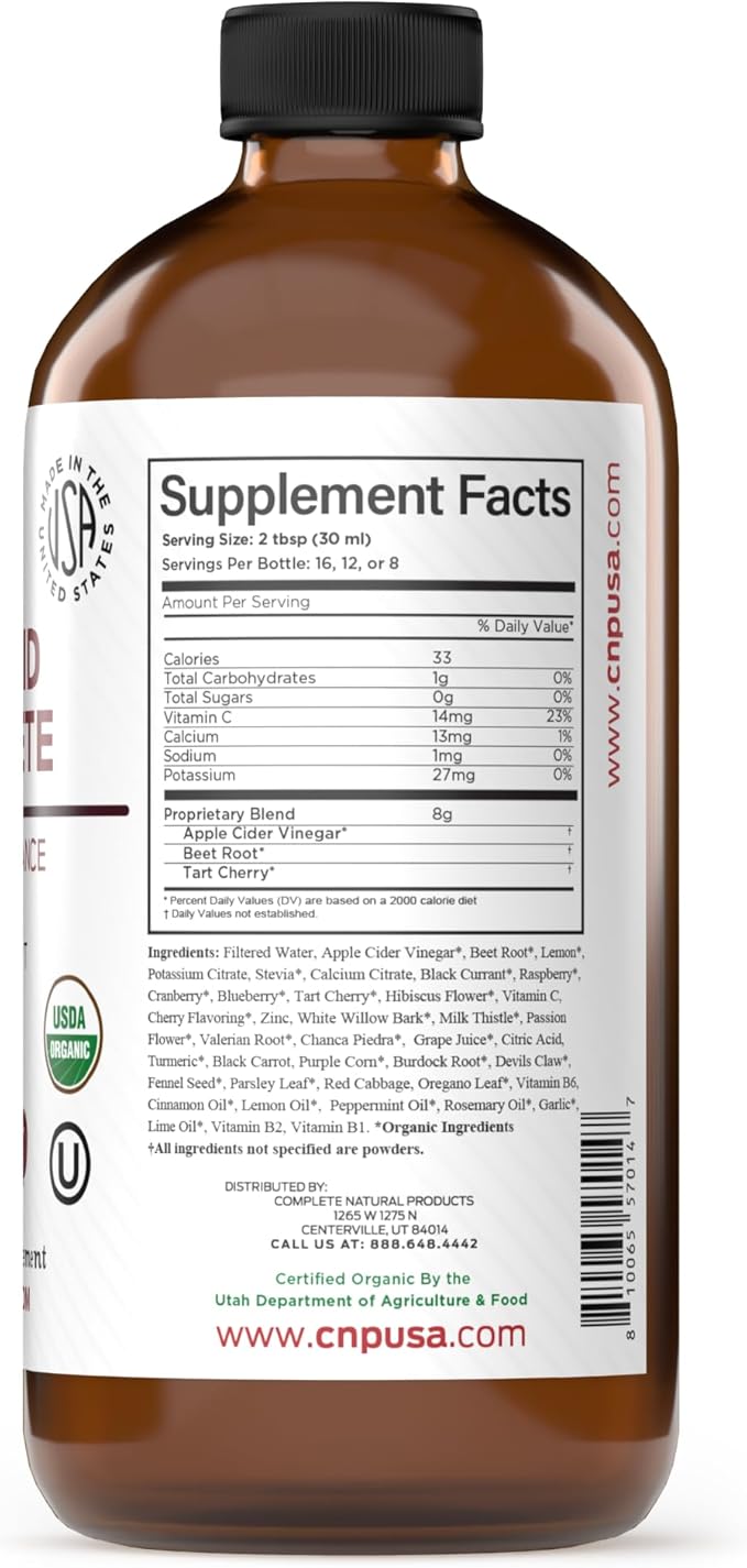 Complete Natural Products Uric Acid Complete - 16oz Liquid Supplement to Support Uric Acid Cleanse Kidney Health &amp Circulation with Apple Cider Vinegar Tart Cherry &amp Beet Root.