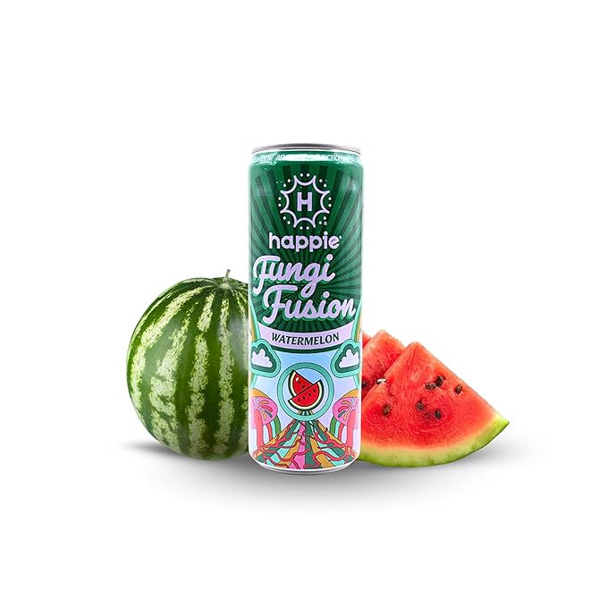 Happie Fungi Fusion Watermelon – Sparkling Mushroom Drink with Lion's Mane (900mg) Cordyceps &amp Reishi – Caffeine-Free Functional Beverage Zero Sugar Vegan Adaptogen Soda Alternative (12 Pack)