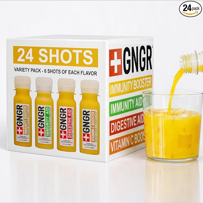 GNGR 24 Shots Variety Pack of Organic Cold-Pressed Ginger Shots – 4 Target Formulas with Peruvian Ginger High-Absorption Turmeric &amp Vitamin C for Immunity Digestion &amp Detox – 2 fl oz (Pack