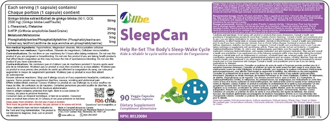 SleepCan Capsules 5mg Melatonin with Phosphatidylserine and L-Theanine 4 Packs of 90 Sleep-Wake Cycle Support Supplements Serving Size: 1 Capsule Once Daily