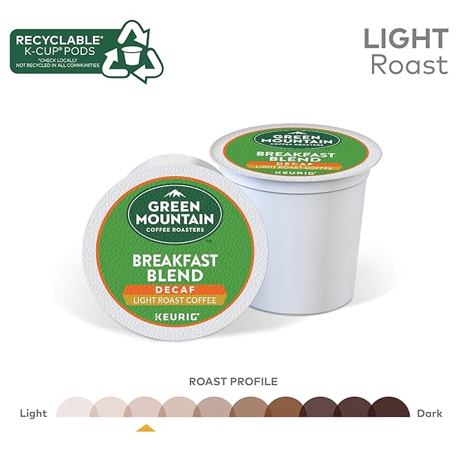 Green Mountain Coffee Roasters Decaf Breakfast Blend Single-Serve Keurig K-Cup Pods Light Roast Coffee 32 Count (Pack of 4)
