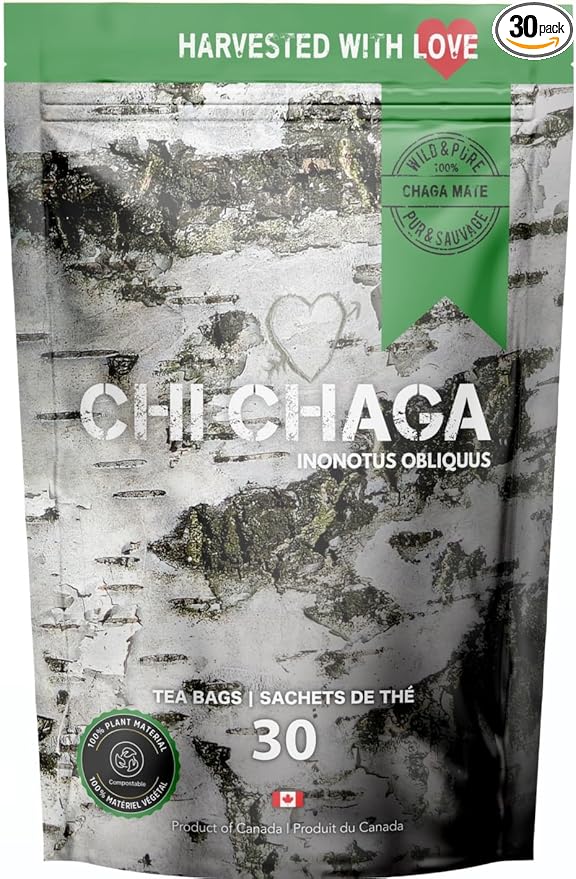 Premium 100% Wild Harvested Chaga Mushroom &amp Yerba Mate Combo - 30 Tea Bags
