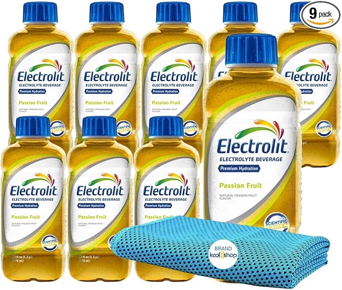 Electrolit Passion Fruit Hydration Drink with Electrolytes 21 fl oz Plastic Bottles 9 Pack + 1 Microfiber Cooling Towel by KOOL8SHOP Infinite Deals