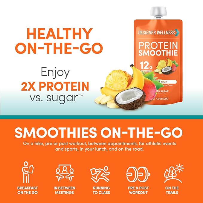Designer Wellness Protein Smoothie Real Fruit 12g Protein Low Carb Zero Added Sugar Gluten-Free Non-GMO No Artificial Colors or Flavors Tropical 12 Count