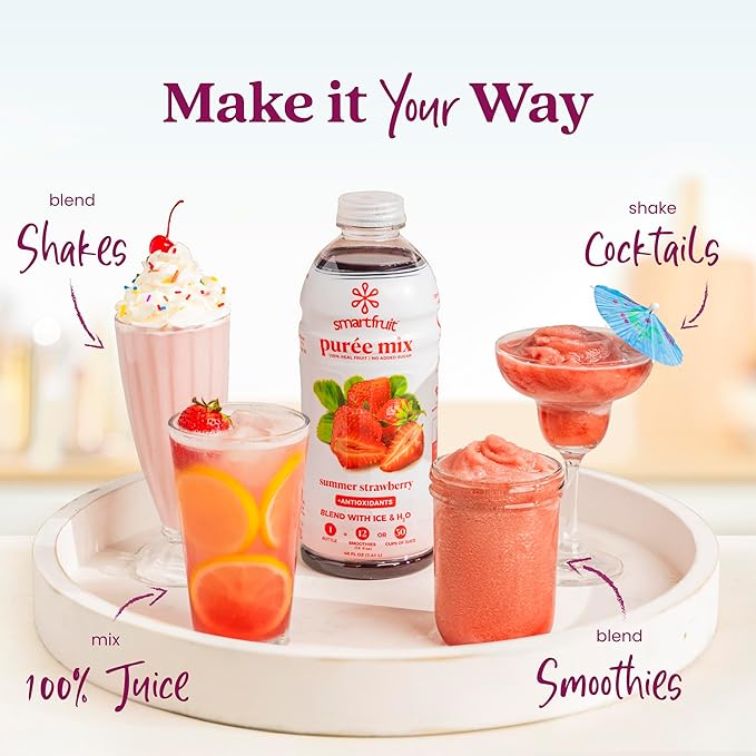 Smartfruit Summer Strawberry + Antioxidants – 100% Real Fruit Purée with Strawberries Apple &amp Pineapple – Great for Smoothies Juice Yogurt Cocktails Teas &amp More – 2-Pk 48oz Each