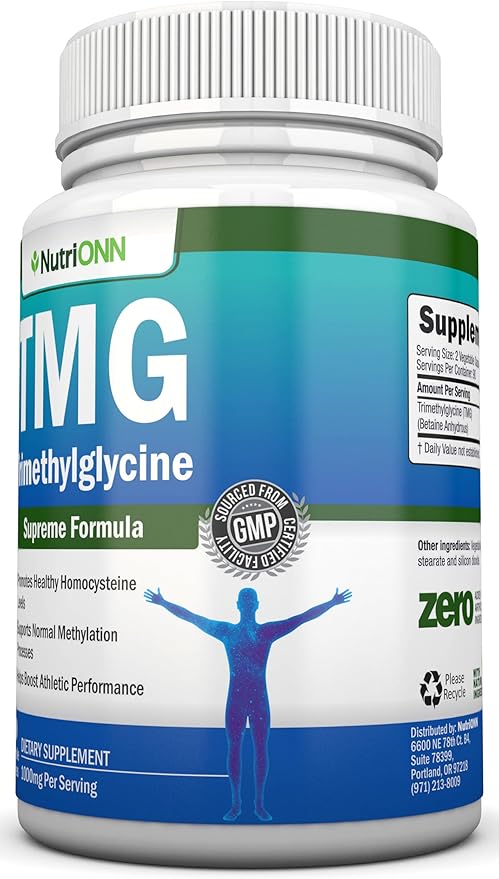 TMG Trimethylglycine Supplement - 1000mg - 180 Capsules - Premium Pure Betaine Anhydrous - Supports Normal Homocysteine &amp Blood Pressure Levels - Promotes Methylation Processes - Non-GMO Formula