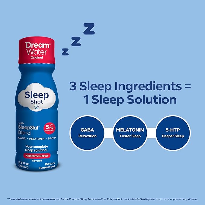 Dream Water Sleep Aid Supplement Drink Melatonin 5mg GABA 5-HTP Zero Sugar Natural Flavors No Added Colors 2.5 oz Liquid Sleep Shots Nighttime Nectar 12-Count
